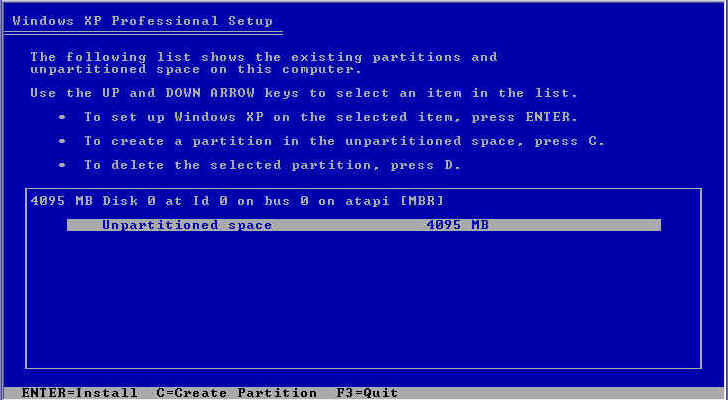 Partition setup screenshot